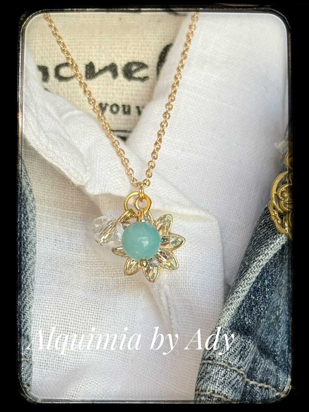vermeil Gold Flower Pendant Necklace with Aquamarine Bead and Clear Crystal
